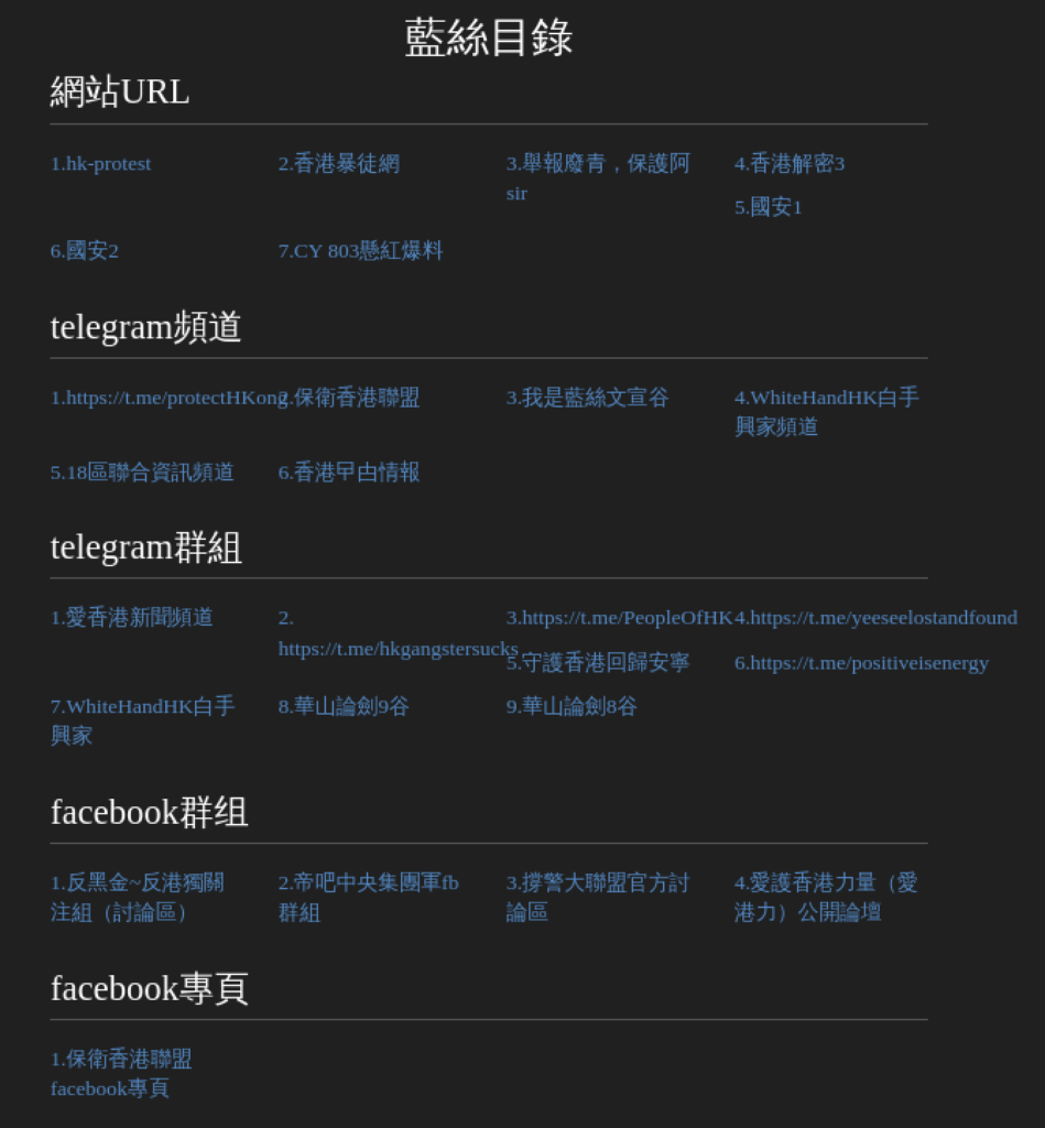 December 5, 2019 capture of the &ldquo;Links&rdquo; section of hongkongmob[.]com, listing the digital assets that the website&rsquo;s operators dubbed as the Blue Ribbon network.