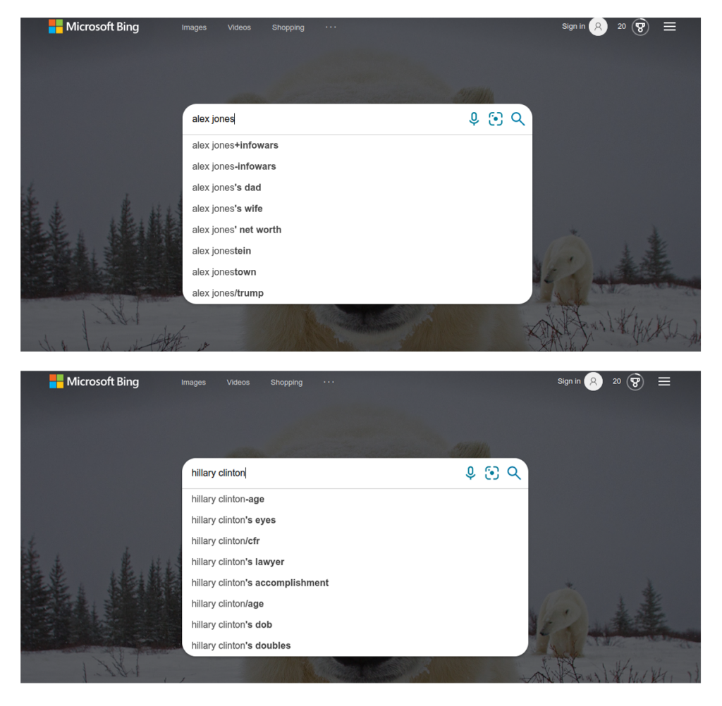 November 2021 autosuggestions for &ldquo;alex␣jones&rdquo; &ldquo;hillary␣clinton&rdquo; in the United States English locale never contain their bare names nor their names followed by spaces.